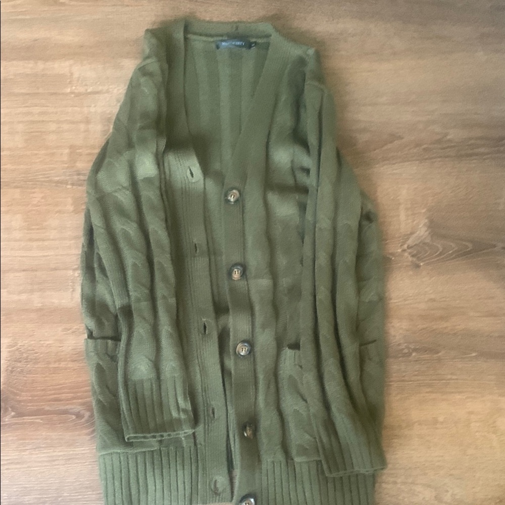 Olive Green  Cardigan with Cable Knit and Ribbed Hem